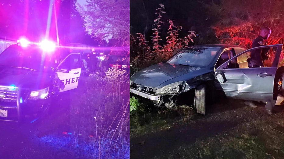 Deputies arrested a domestic violence suspect in Thurston County after he smashed a patrol vehicle while attempting to evade capture Tuesday night.
According to Thurston County Sheriff Derek Sanders, deputies were dispatched to a domestic violence assault near Yelm Hwy SE. Deputies learned that the suspect stole a vehicle from a family member, made suicidal statements and fled the scene after pouring gasoline all over his body. Probable cause was then established for fourth-degree domestic violence (DV), second-degree malicious mischief DV and taking a car without permission.
According to Sheriff Sanders, the suspect has had prior run-ins with Thurston County deputies in the past. The last time he was contacted by law enforcement, he tried to run over and kill a deputy with a bulldozer and ended up damaging a patrol car. The suspect had just been released from prison after serving a two-year sentence for that incident.
Deputies searched an area in Yelm that the suspect is known to frequent and found him inside the stolen car. The suspect was immediately uncompliant with deputies, and efforts to get him to surrender were unsuccessful.
The suspect fled onto trails on the property and deputies initiated a pursuit. The suspect then turned his car around and rammed into a patrol vehicle head-on – causing minor injuries to a K9 Mac and his handler. The suspect rammed into the patrol vehicle hard enough that the front driver’s side wheel was sheared off completely and landed about 50 feet away from the impact point. Eventually, deputies were able to forcefully remove the suspect from the car and place him in a WRAP restraint. He was then taken to the Thurston County Jail where he was booked for the previously mentioned charges, in addition to a first-degree assault with a deadly weapon charge that was added after he crashed into the patrol car. 